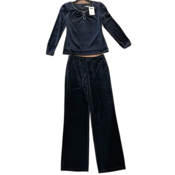 Wanko Black Velvet Evening Set Rhinestone Trim Stretch Top & Pants Outfit S NWT - Picture 3 of 10